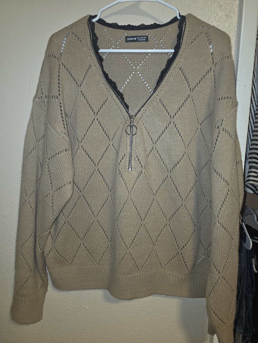 SHEIN Tan Diamond Knit V-Neck Half-Zip Sweater